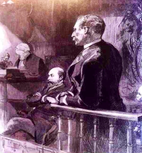 Sir William Gordon-Cumming no banco das testemunhas, na presença de Eduardo, Príncipe de Gales e outros.jpg