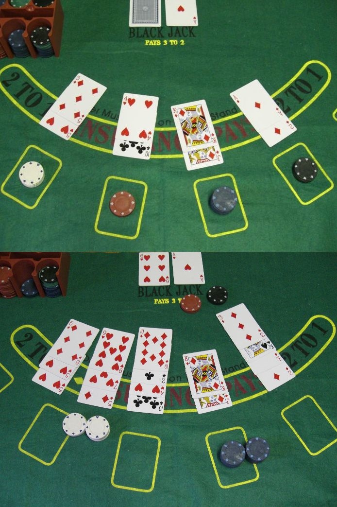 Um exemplo de jogo de blackjack. A imagem na metade superior mostra a situação no início do jogo, com fichas colocadas e cada jogador recebe duas cartas. A imagem na metade inferior é a situação no final do jogo, com o vencedor e o perdedor já determinados.